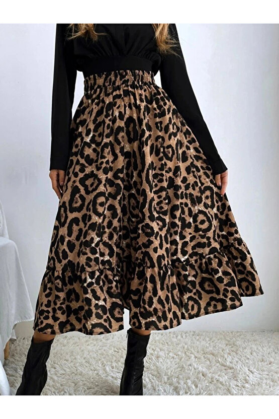 Kadın Uzun Kollu Kruvaze Yakalı Ithal Krep Bluz Ve Leopar Desenli Süprem Uzun Elbise