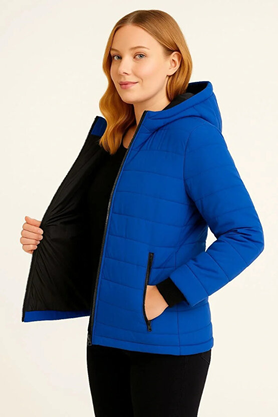 Kadın Şişme Kapüşonlu Fermuarlı Mont Su itici Kapitone Astarlı Kumaş Cepli Kışlık Rahat Kalıp - Saks