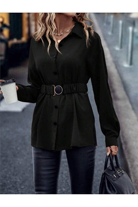 Kadın Uzun Kollu Yakalı önden Düğmeli Belden Kemerli Ithal Krep Bluz