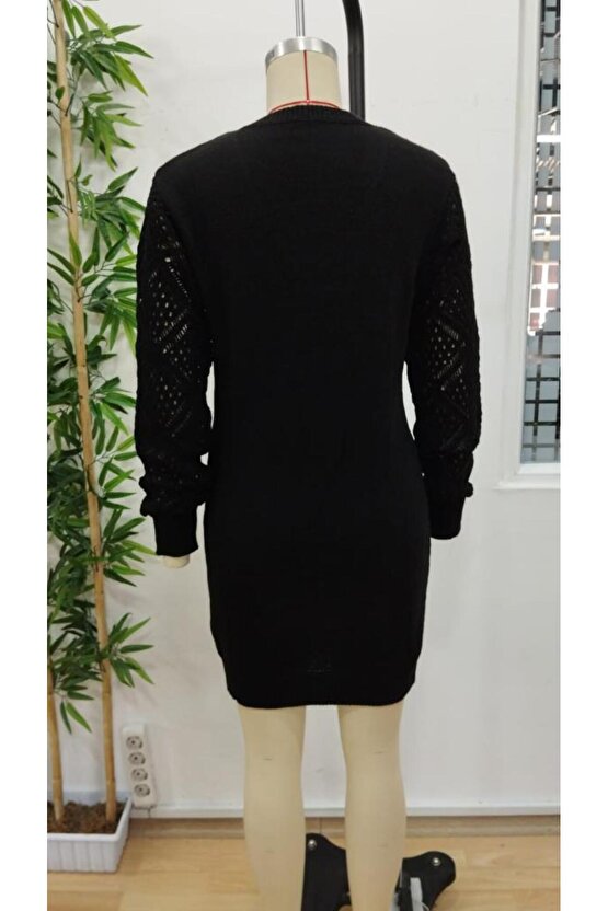 Kadın Uzun Kollu V Yakalı Mini Triko Elbise