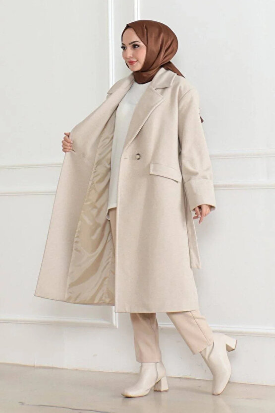 Kadın Kaşe Kaban – Uzun Boy Kruvaze Yaka Kuşaklı Tesettür Kaşe Kışlık Kaban, Astarlı Şık Yünlü Dokum