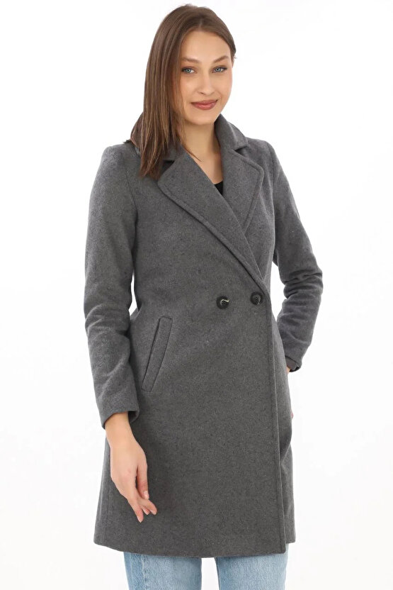 Kadın Kaşe Kaban – Siyah Yünlü Dokuma, Kruvaze Yaka, Astarlı, Cepli, Kuşaklı Uzun Boy Tesettür Uyuml