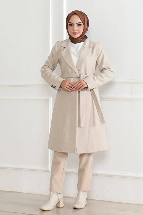 Kadın Kaşe Kaban – Uzun Boy Kruvaze Yaka, Kuşaklı Tesettür Kışlık Kaban, Astarlı Şık Yünlü Dokuma Ov