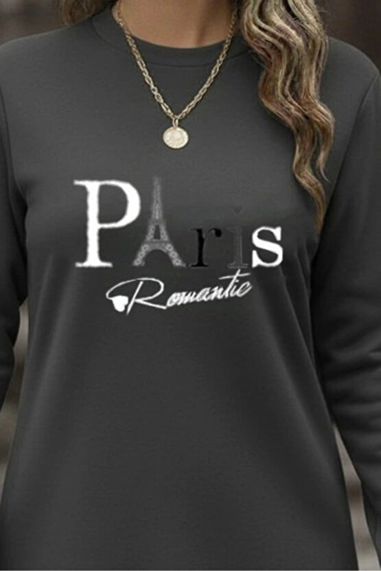 Kadın Uzun Kollu Bisiklet Yaka Yazılı Kısa Viskon Iki Iplik Elbise