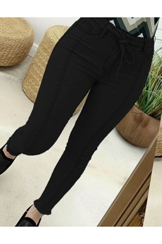 Kadın Yüksek Bel Belden Kuşaklı Yırtık Detaylı Kot Pantolon