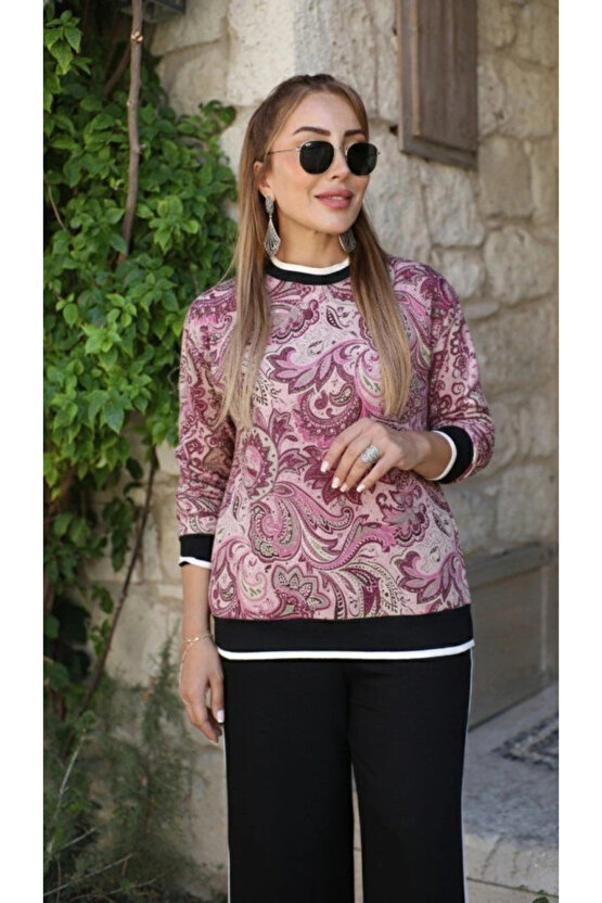 Kadın Uzun Kollu Bisiklet Yaka Desenli Iki Iplik Bluz Ve Viskon Iki Iplik Pantolon Ikili Takım