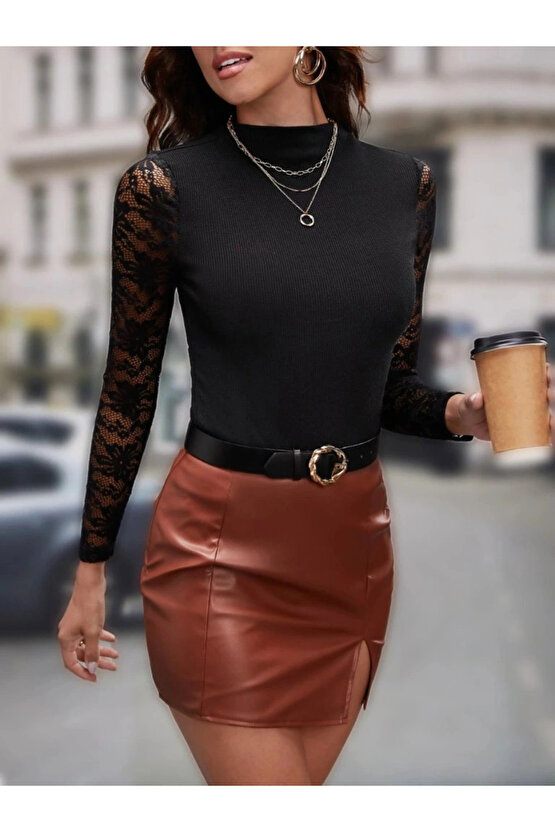 Kadın Uzun Kollu Yarı Balıkçı Yaka Tüllü Kaşkorse Bluz