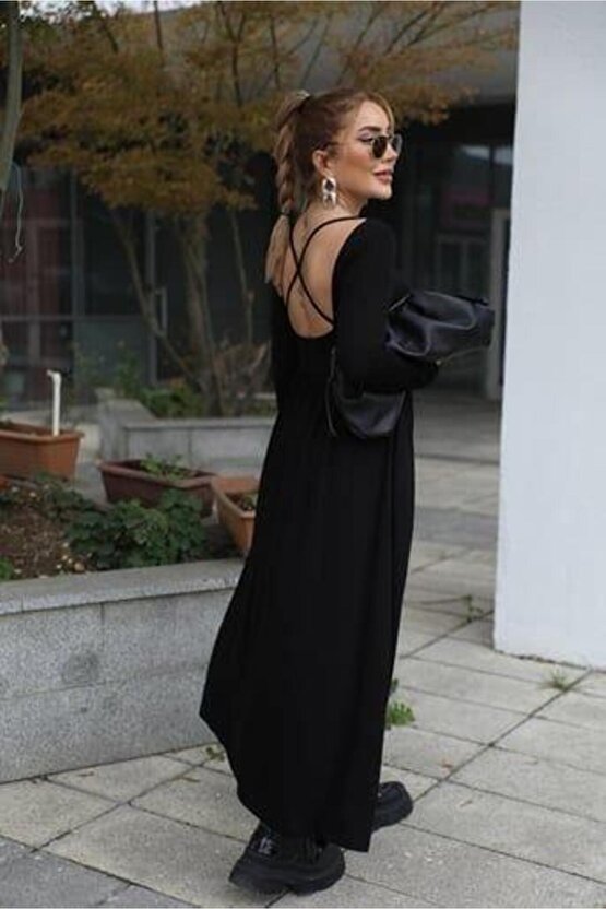 Kadın Kayık Yaka Sırt Dekoltesi Ve Yırtmaç Detay Maxi Boy Elbise