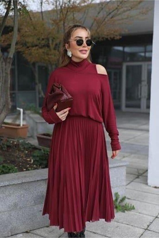 EQURİ Kadın Triko Plise Ve Tül Detay Iki Parça Elbise