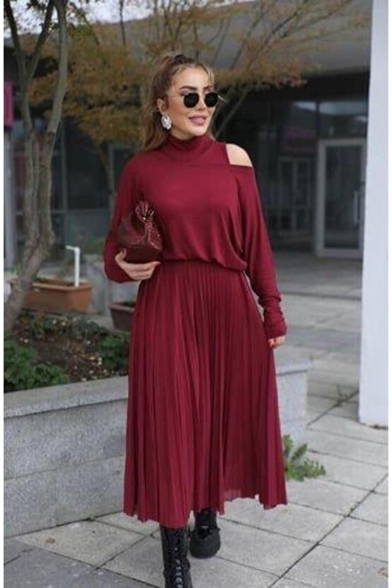 EQURİ Kadın Triko Plise Ve Tül Detay Iki Parça Elbise