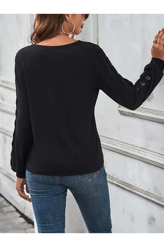 Kadın Uzun Kollu V Yakalı Dantel Detaylı Viskon Bluz