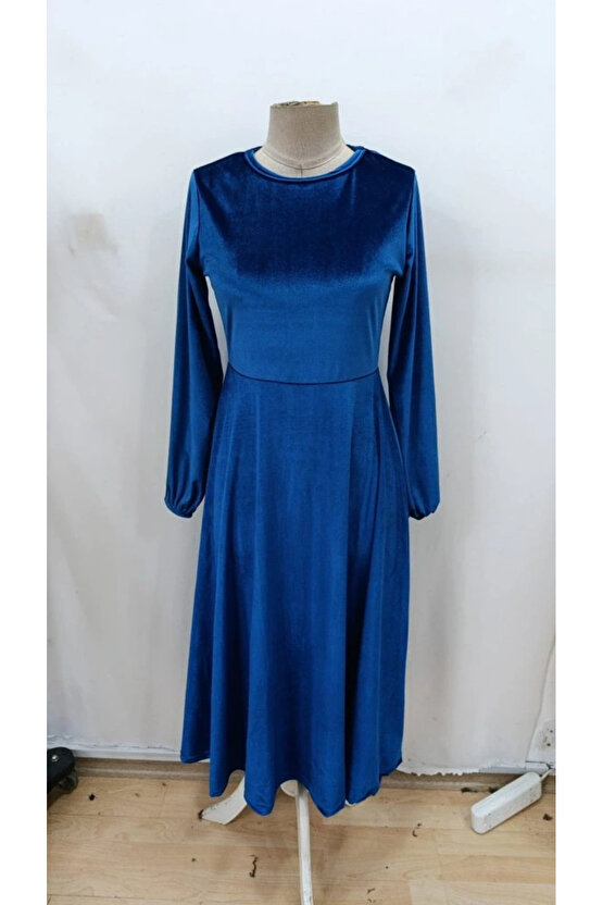 Kadın Uzun Kollu Bisiklet Yaka Midi Kadife Mavi Elbise