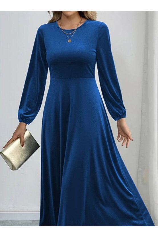 Kadın Uzun Kollu Bisiklet Yaka Midi Kadife Mavi Elbise