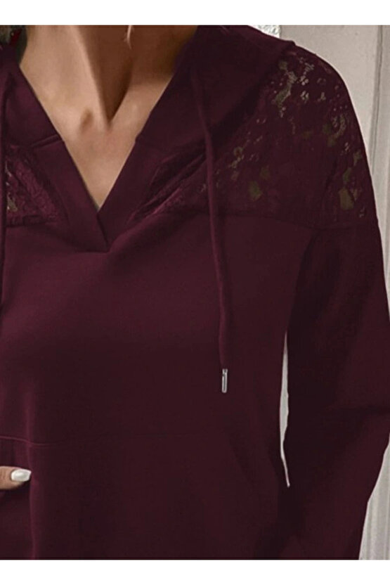 Kadın Uzun Kollu Kapşonlu Bağcıklı Dantelli Viskon Iki Iplik Bluz