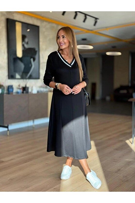 Kadın Uzun Kollu V Yakalı Midi Modal Elbise