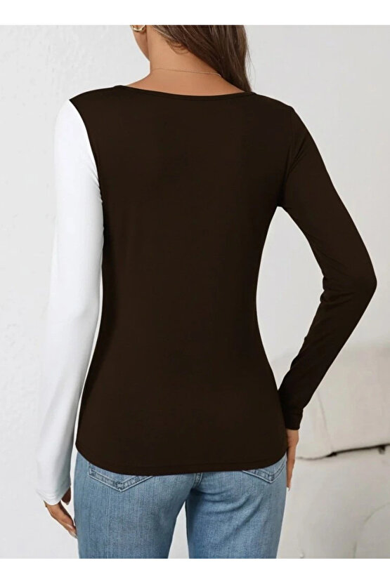 Kadın Uzun Kollu Geometrik Yaka Detaylı çift Renkli Viskon Bluz