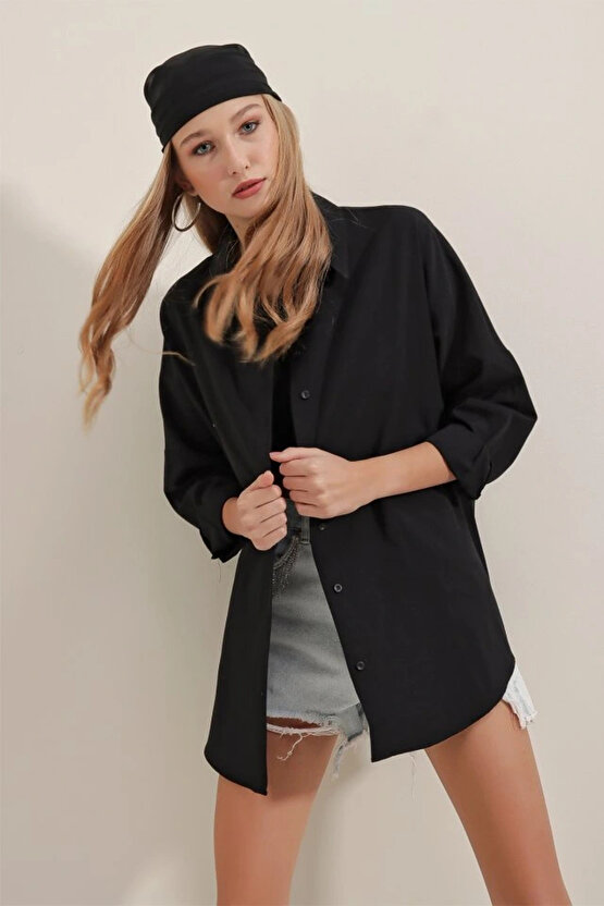 Siyah Oversize Uzun Basic Gömlek 3900