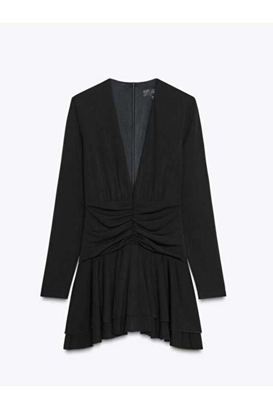 Kadın Uzun Kollu Derin V Dekolte Ve Ek Volan Detay Toparlayıcı şortlu Elbise