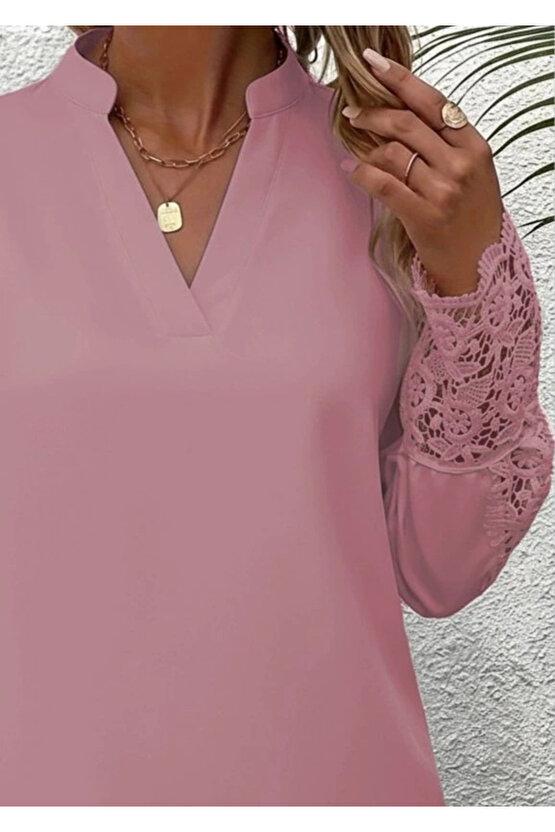 Kadın Uzun Kollu Hakim Yaka Kolları Dantel Detaylı Ithal Krep Bluz