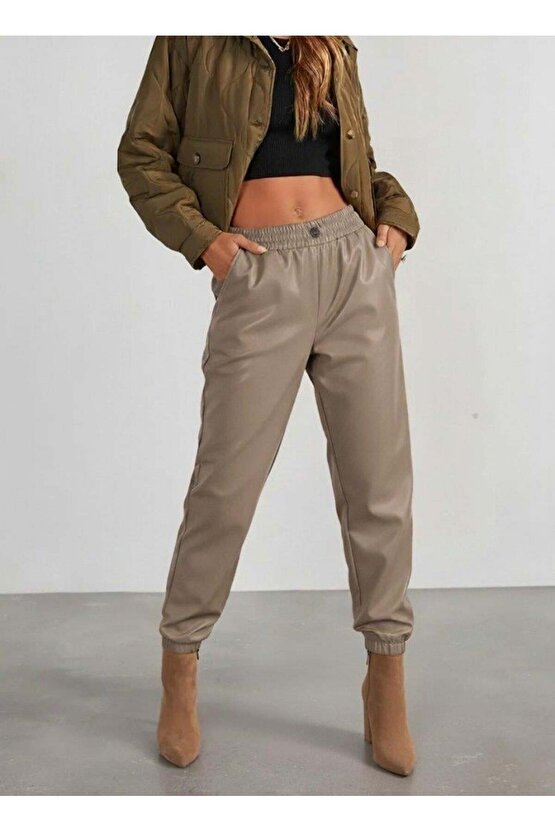 Kadın Yüksek Bel Lastikli önü Düğmeli Deri Pantolon