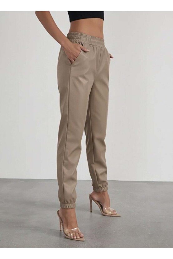 Kadın Yüksek Bel Lastikli önü Düğmeli Deri Pantolon