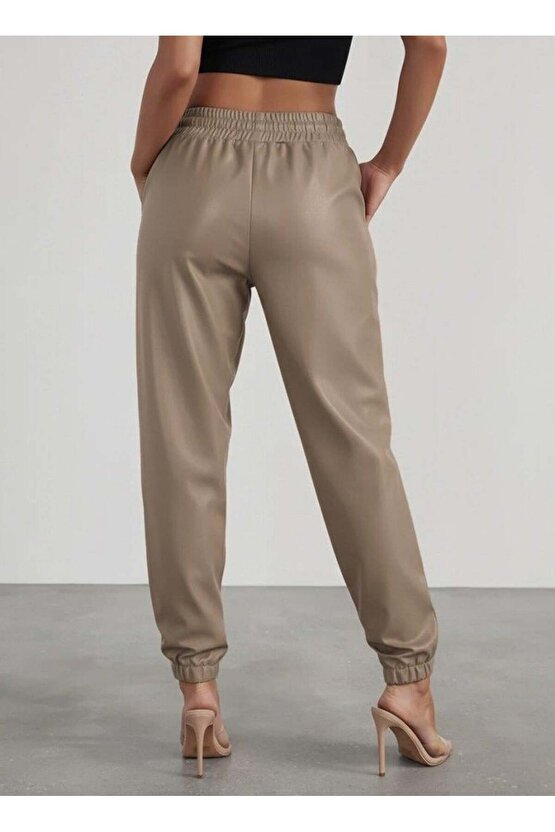 Kadın Yüksek Bel Lastikli önü Düğmeli Deri Pantolon