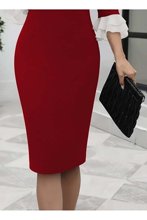 Kadın Truvakar Kollu Fiyonk Yakalı Midi Ithal Krep Elbise