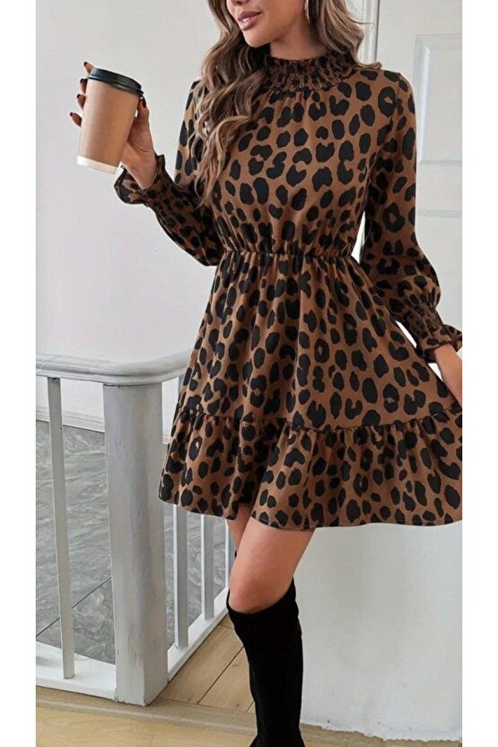 Kadın Uzun Kollu Yarı Balıkçı Yaka Leopar Desenli Modal Mini Elbise