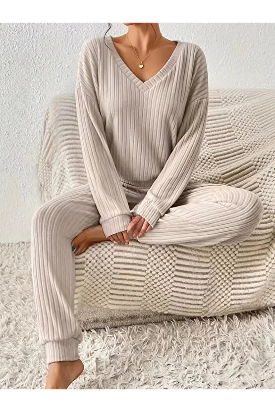 Kadın Uzun Kollu V Yakalı Kaşkorse Bluz Ve Pantolon Ikili Takım