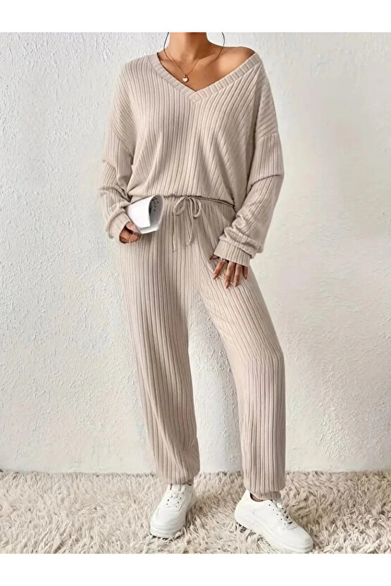 Kadın Uzun Kollu V Yakalı Kaşkorse Bluz Ve Pantolon Ikili Takım