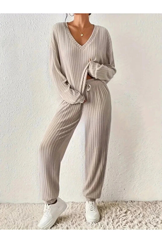 Kadın Uzun Kollu V Yakalı Kaşkorse Bluz Ve Pantolon Ikili Takım