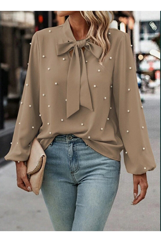 Kadın Uzun Kollu Yakadan Fiyonklu Incili Ithal Krep Bluz