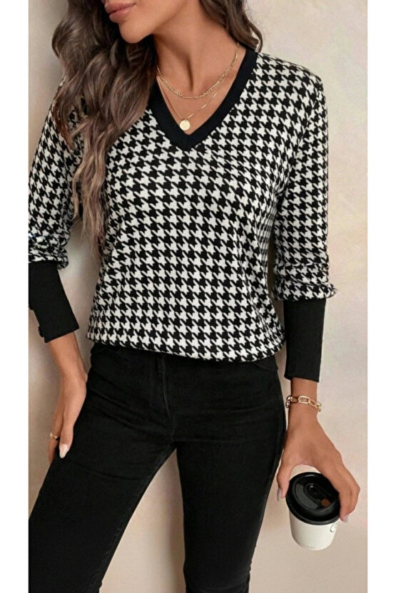Kadın Uzun Kollu V Yakalı Desenli Süprem Bluz