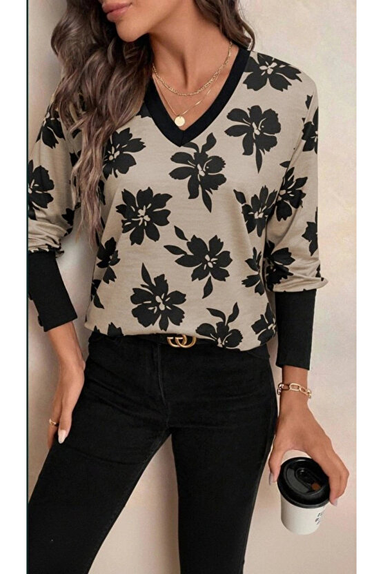 Kadın Uzun Kollu V Yakalı Desenli Süprem Bluz