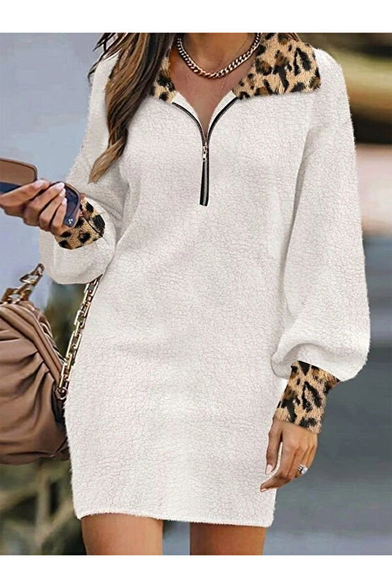 Kadın Uzun Kollu Yakalı önden Fermuarlı Leopar Detaylı Mini Peluş Elbise