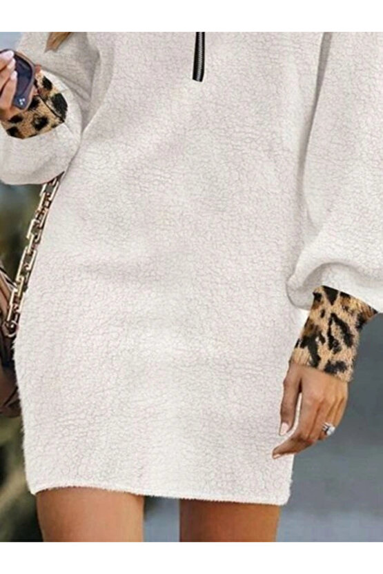 Kadın Uzun Kollu Yakalı önden Fermuarlı Leopar Detaylı Mini Peluş Elbise