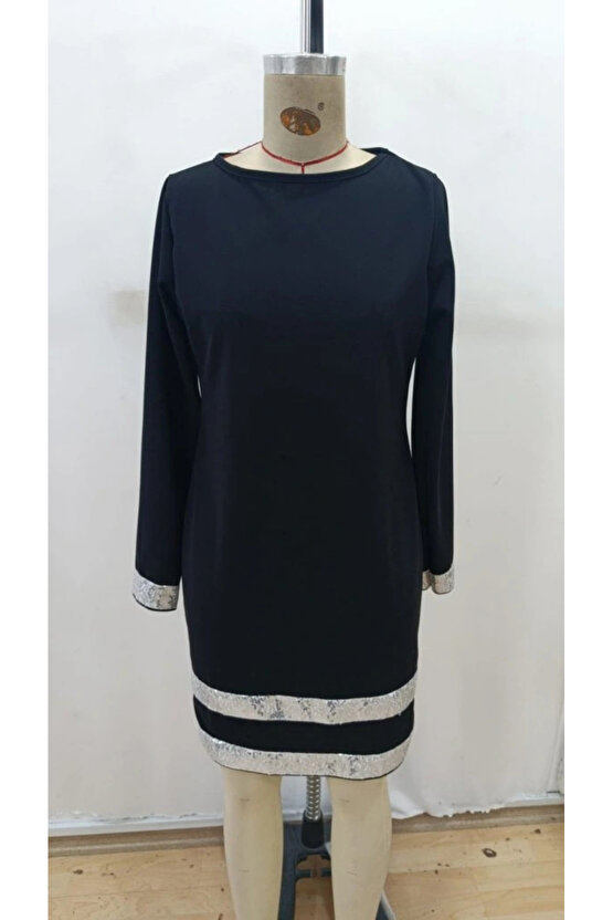 Kadın Uzun Kollu Bisiklet Yaka Mini Ithal Krep Elbise