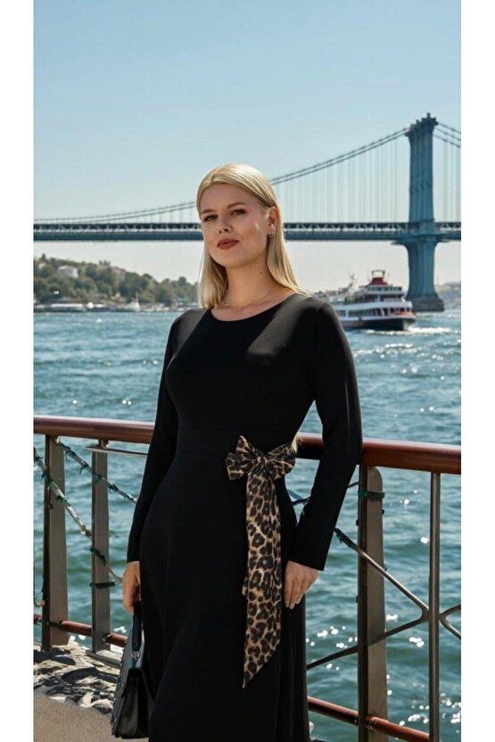 Kadın Bisiklet Yaka Leopar Fiyonk Detay Maxi Boy Elbise