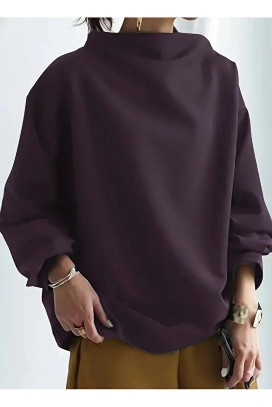 Kadın Uzun Kollu Geniş Balıkçı Yaka Modal Mürdüm Bluz