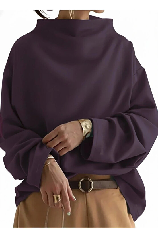 Kadın Uzun Kollu Geniş Balıkçı Yaka Modal Mürdüm Bluz