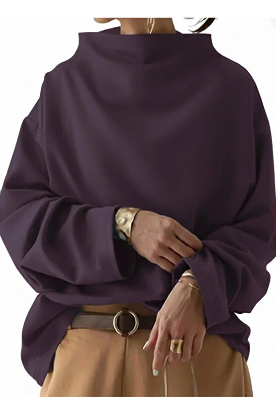 Kadın Uzun Kollu Geniş Balıkçı Yaka Modal Mürdüm Bluz