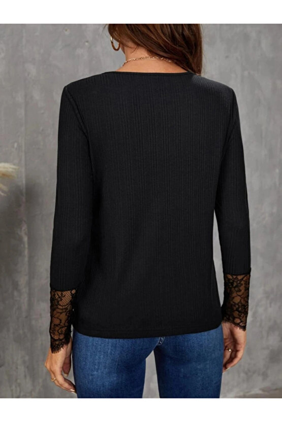 Kadın Uzun Kollu Bisiklet Yaka Dantel Detaylı Burgu Bluz