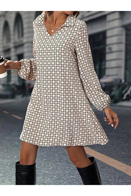 Kadın Uzun Kollu Yakalı Desenli Mini Modal Elbise