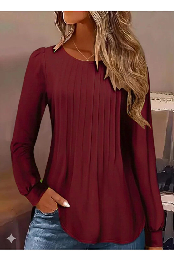 Kadın Uzun Kollu Yuvarlak Yaka Nervürlü Bluz