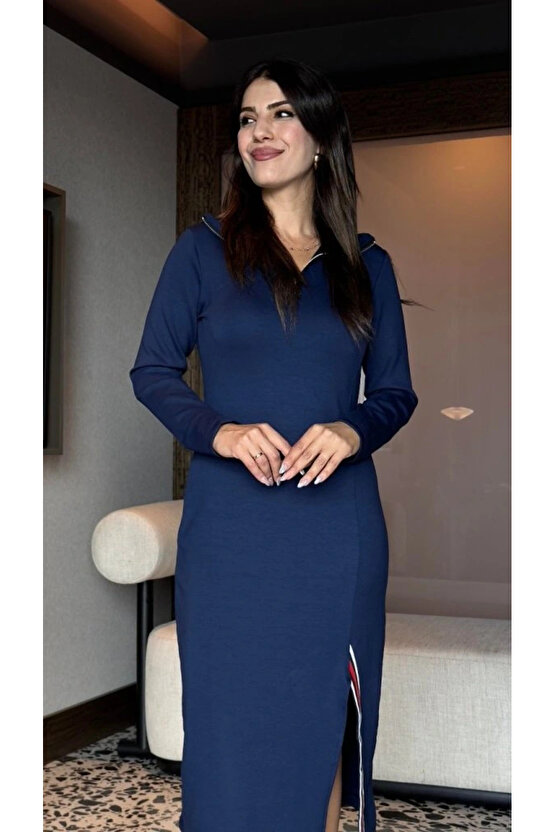 Kadın Uzun Kollu Balıkçı Yaka önden Fermuarlı Yırtmaçlı Midi Viskon Iki Iplik Elbise