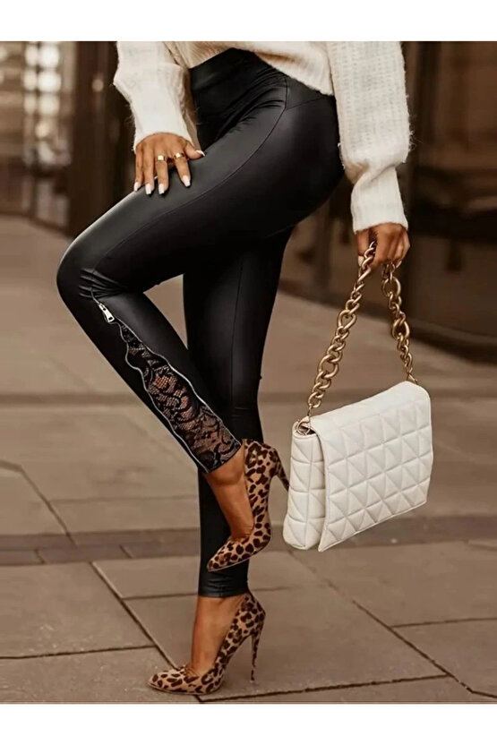 Kadın Yüksek Bel Yandan Yırtmaçlı Dantel Detaylı Deri Tayt