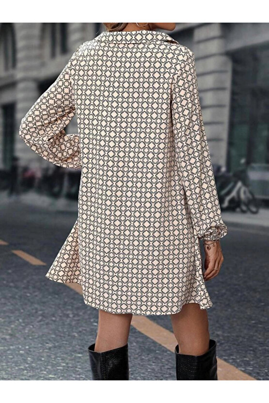 Kadın Uzun Kollu Yakalı Desenli Mini Modal Elbise