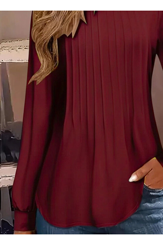 Kadın Uzun Kollu Yuvarlak Yaka Nervürlü Bluz