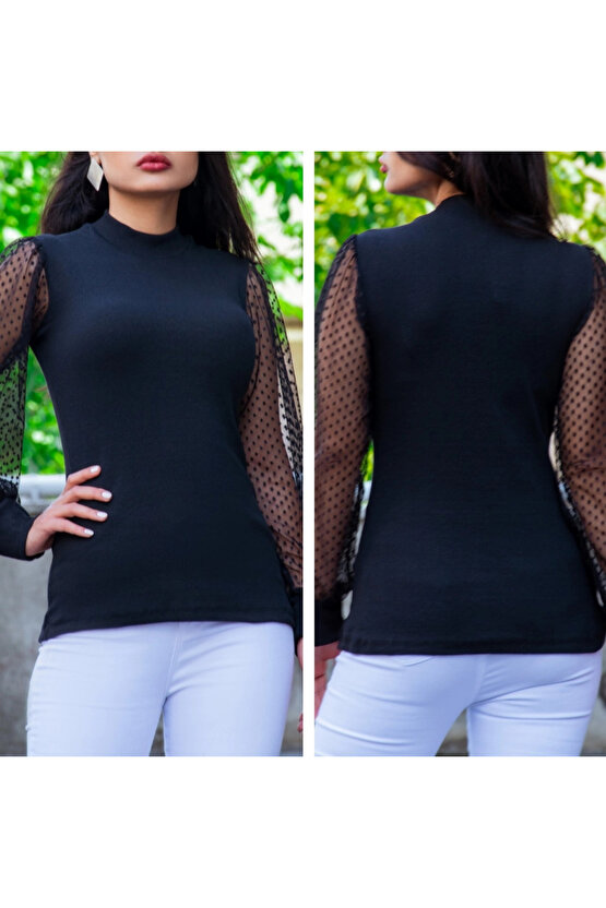 Kadın Siyah Kolu Tül Detaylı Yarım Balıkçı Kaşkorse Bluz 6160