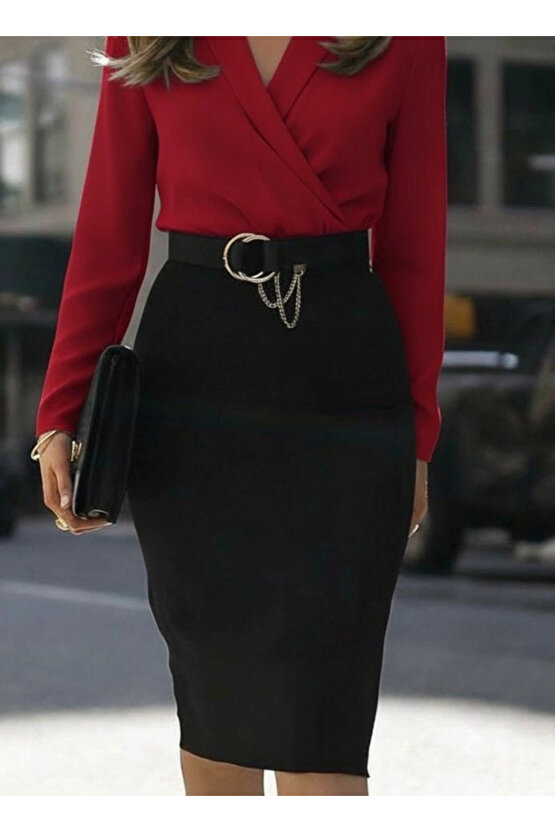 Kadın Uzun Kollu Kruvaze Yaka Janjan Krep Midi Elbise